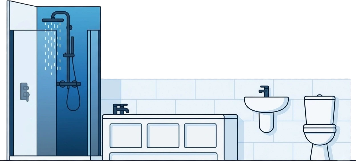 Bathroom suite illustration &mdash; shower cubicle, bath, basin and toilet