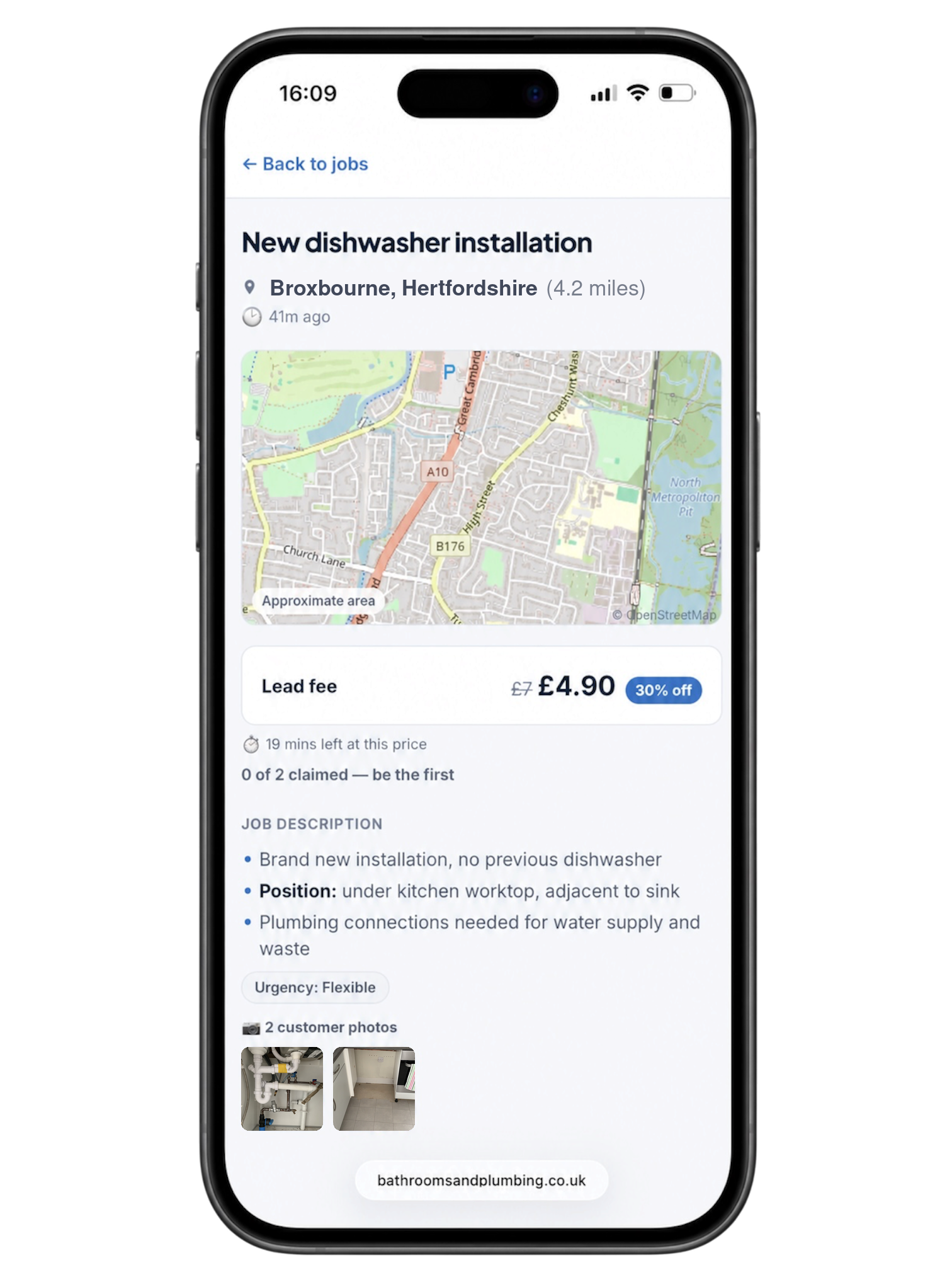 A real job in your Bathrooms & Plumbing dashboard — map, lead fee and full brief with photos
